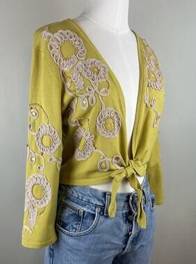 Women's Itsu Green Yellow Silk Blend Beaded Wrap Ballerina Cardigan Sweater Sz M